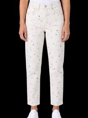 FREE ASSEMBLY Cream Ivory Straight Leg High Rise Floral Print Jeans-Size 8 Short